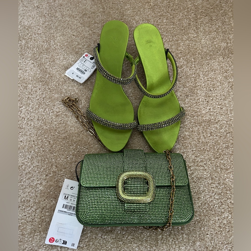 Zara Lime Crystal-Embellished Stiletto Slide Sandals + bag  - Women
